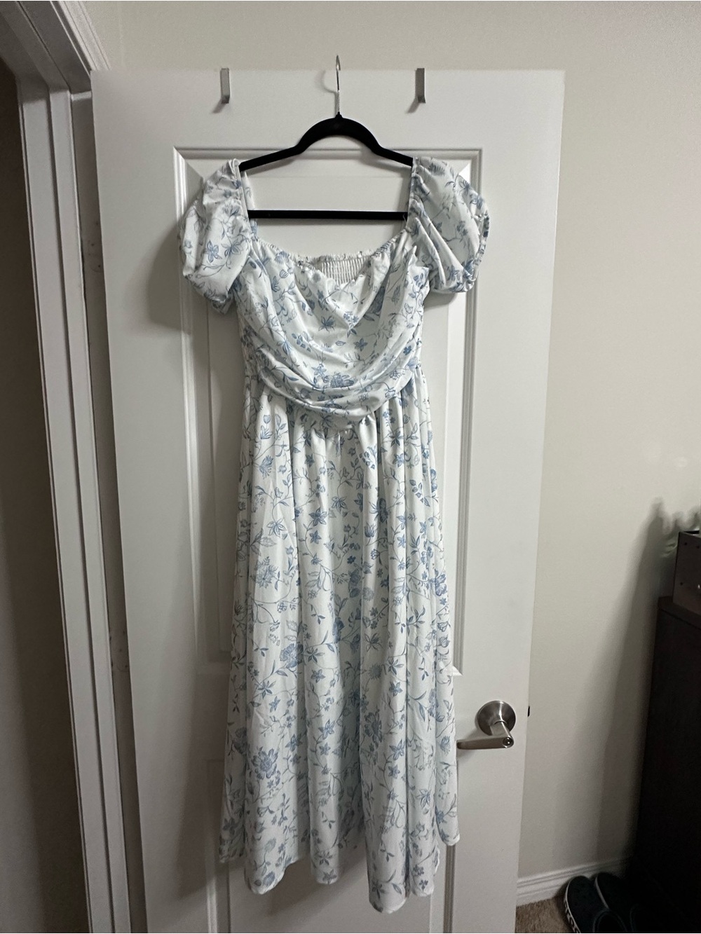 White Maxi Dress with Blue Floral Print
